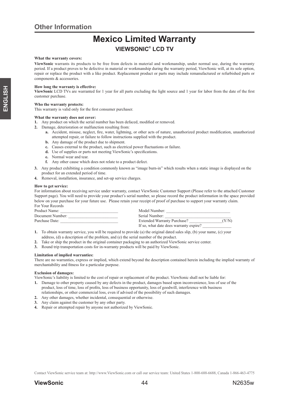 Mexico limited warranty, Other information, 44 english | Viewsonic n2635w, Viewsonic, Lcd tv | VIEWSONIC VS11769-2M User Manual | Page 49 / 50