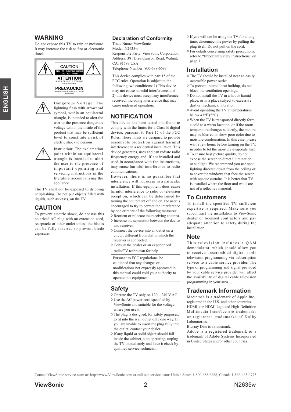 Warning and notification, 2english, Viewsonic n2635w warning | Caution, Notification, Safety, Installation, Trademark information, Declaration of conformity | VIEWSONIC VS11769-2M User Manual | Page 7 / 50