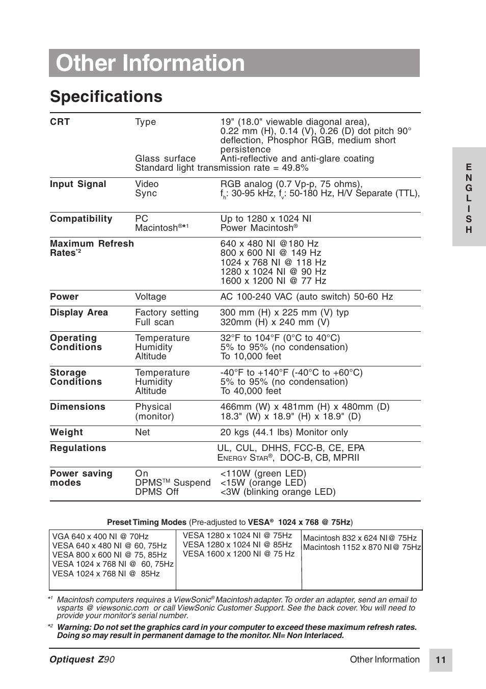 Other information, Specifications | VIEWSONIC Z90 User Manual | Page 12 / 16