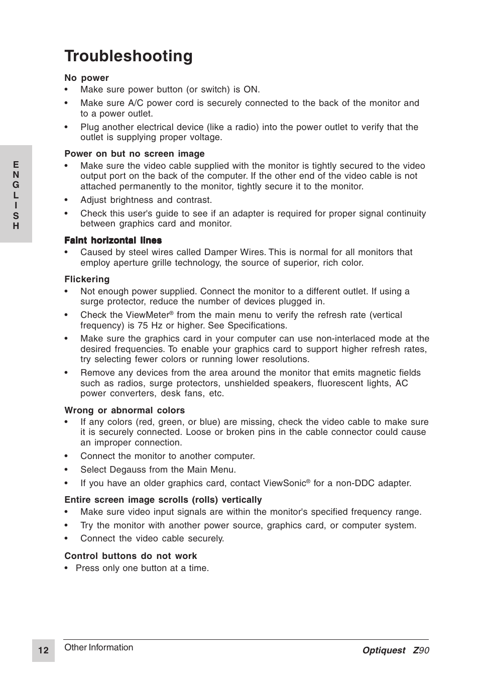 Troubleshooting | VIEWSONIC Z90 User Manual | Page 13 / 16