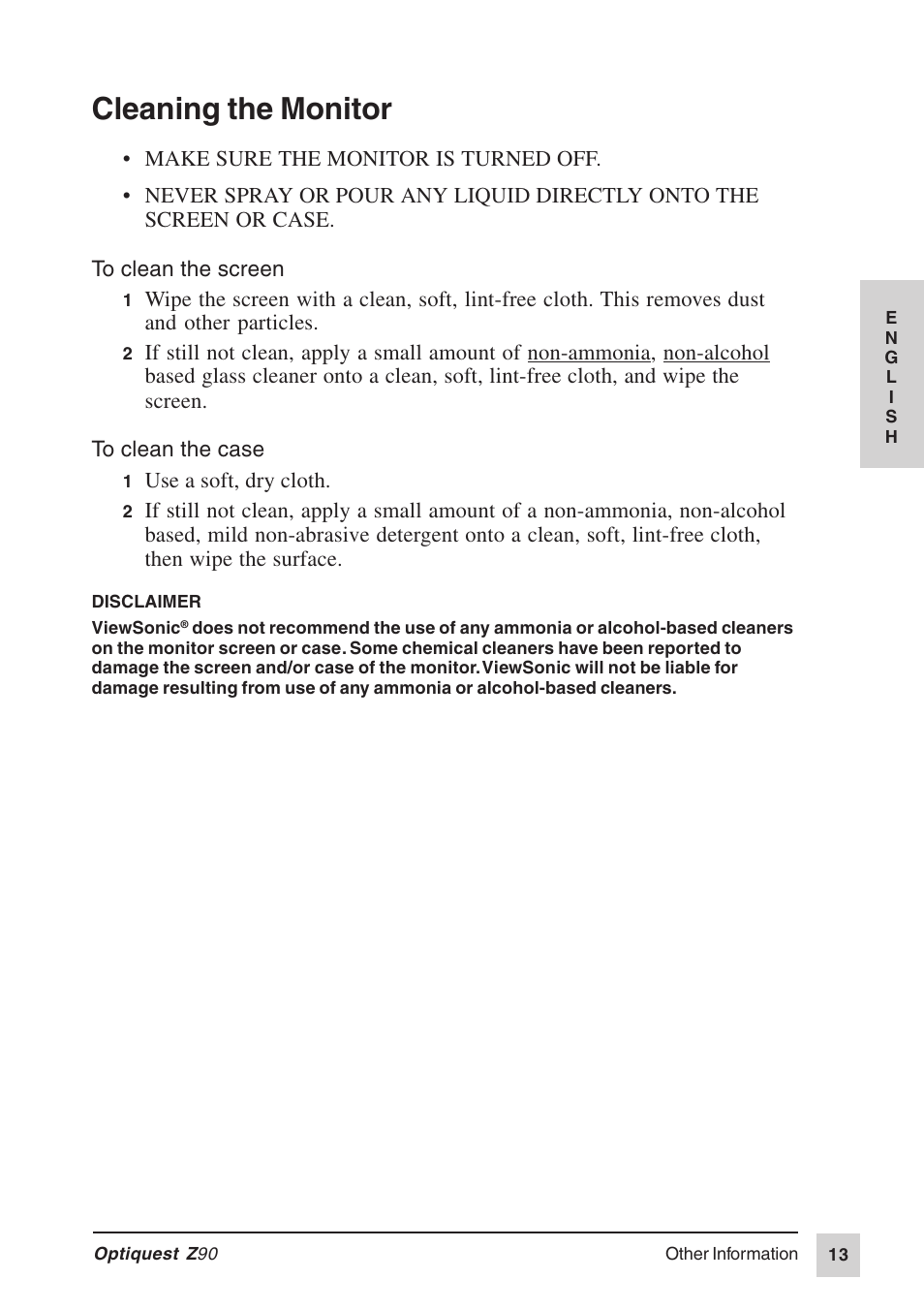 Cleaning the monitor | VIEWSONIC Z90 User Manual | Page 14 / 16