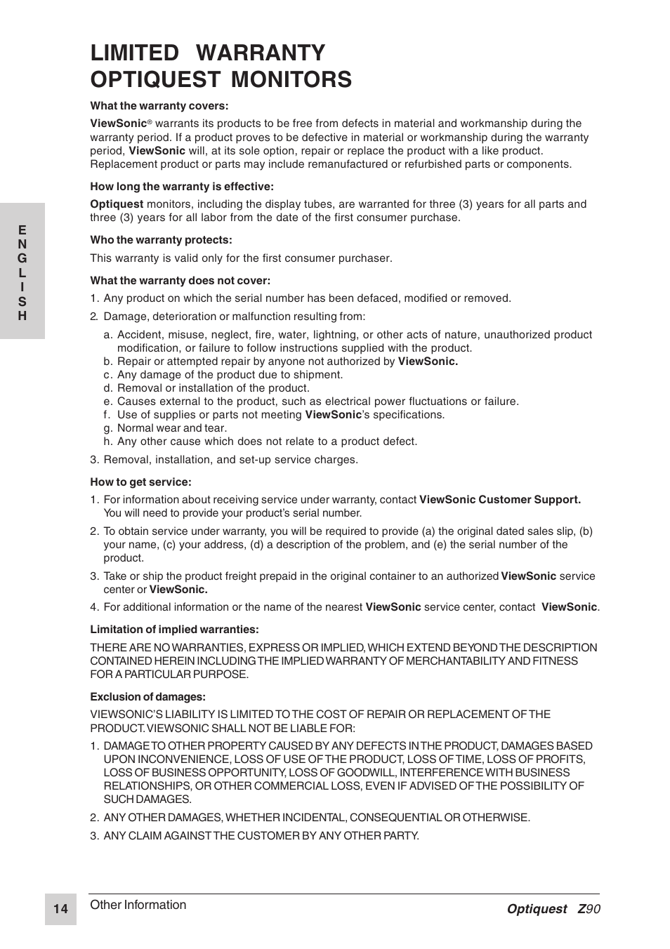 Limited warranty optiquest monitors | VIEWSONIC Z90 User Manual | Page 15 / 16