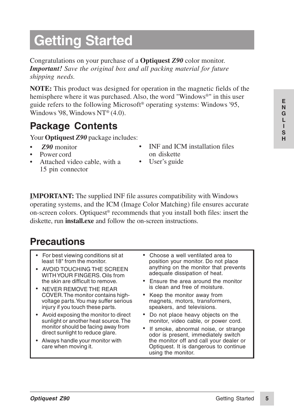 Getting started, Package contents, Precautions | VIEWSONIC Z90 User Manual | Page 6 / 16