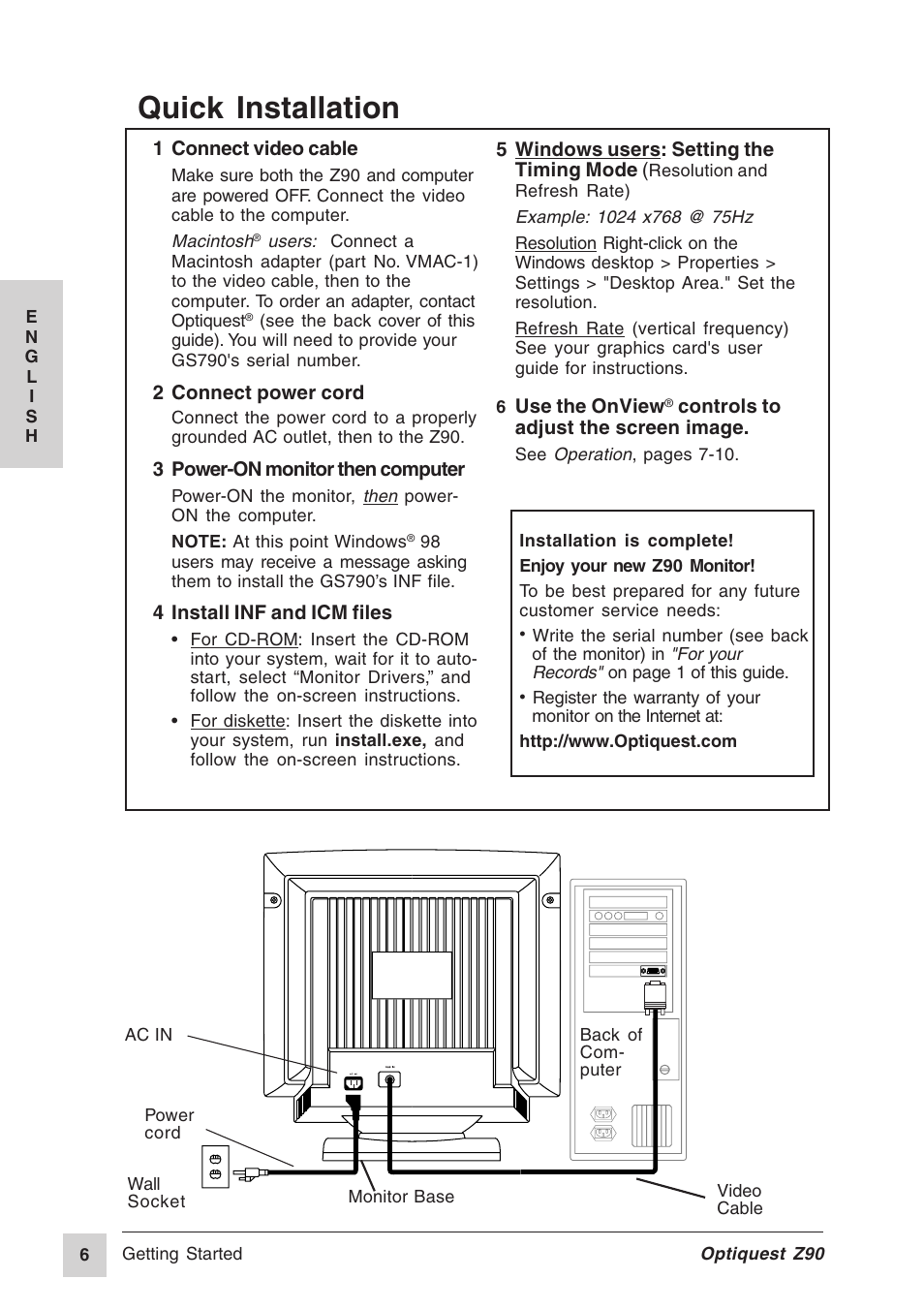 Quick installation | VIEWSONIC Z90 User Manual | Page 7 / 16