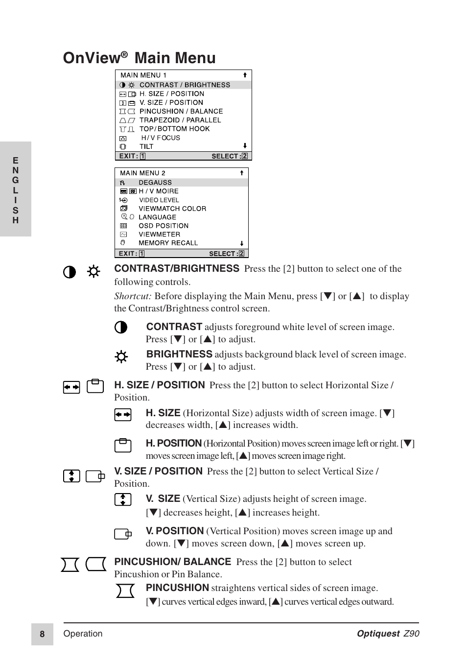 Onview, Main menu | VIEWSONIC Z90 User Manual | Page 9 / 16