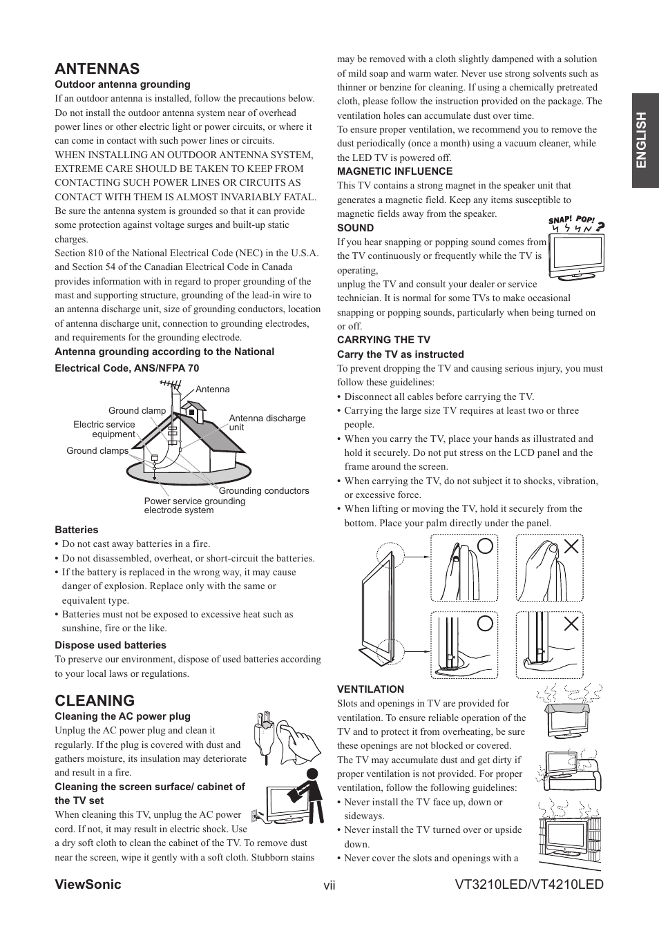 Antennas, Cleaning, English vii | VIEWSONIC VS13772-1M User Manual | Page 10 / 47