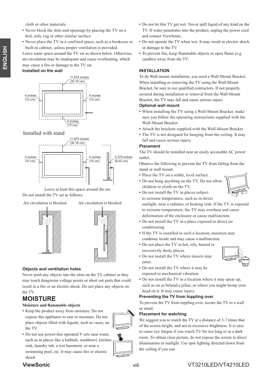 Moisture, English viii, Installed with stand | VIEWSONIC VS13772-1M User Manual | Page 11 / 47