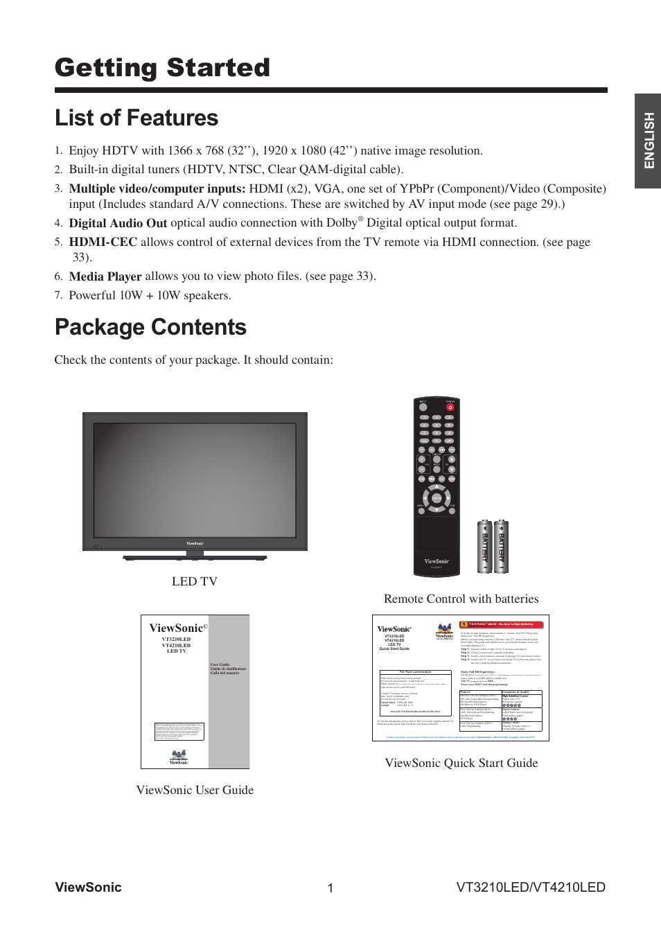 Getting started, List of features, Package contents | 1english, Digital optical output format, Powerful 10w + 10w speakers, Remote control with batteries, Viewsonic user guide, Viewsonic quick start guide, Viewsonic | VIEWSONIC VS13772-1M User Manual | Page 13 / 47