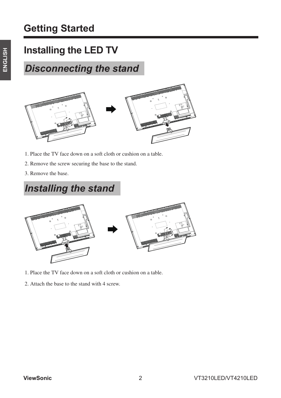 Getting started, Installing the led tv disconnecting the stand, Installing the stand | VIEWSONIC VS13772-1M User Manual | Page 14 / 47