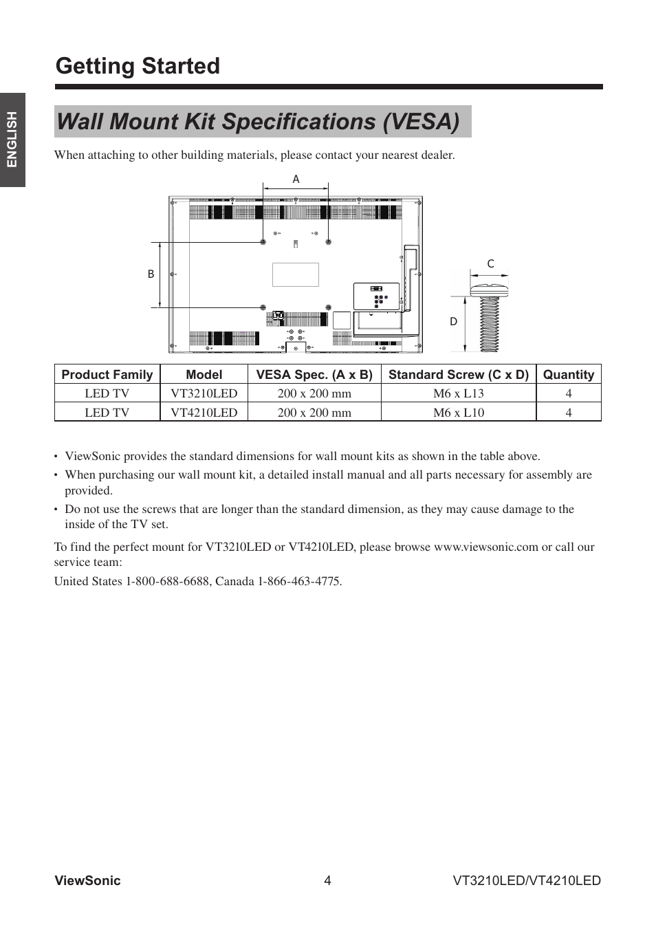 Getting started, Wall mount kit specifications (vesa) | VIEWSONIC VS13772-1M User Manual | Page 16 / 47