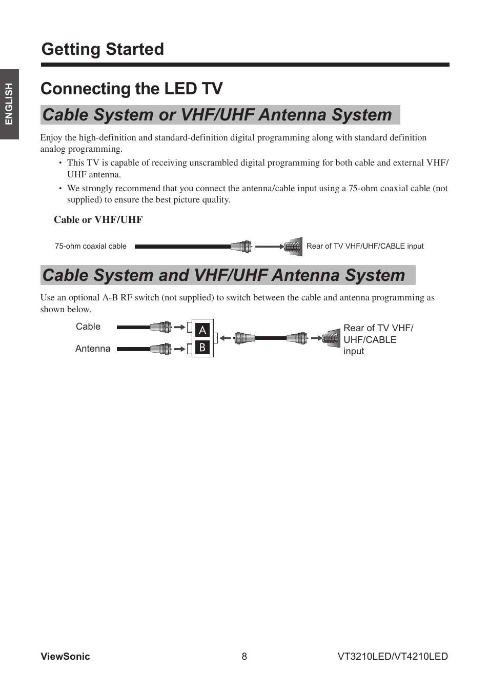 Getting started, Cable system and vhf/uhf antenna system | VIEWSONIC VS13772-1M User Manual | Page 20 / 47