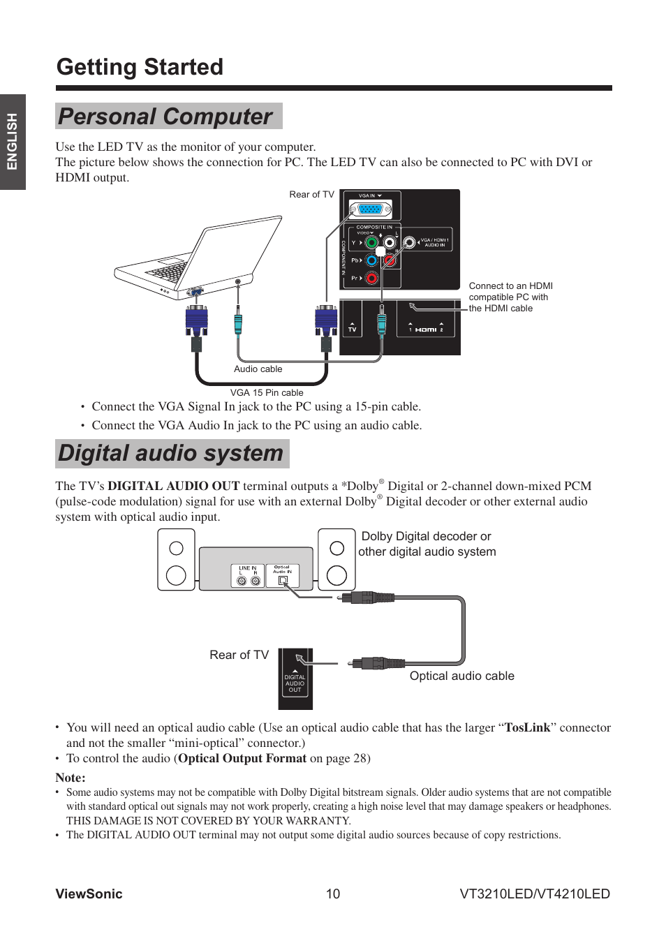 Getting started, Personal computer, Digital audio system | VIEWSONIC VS13772-1M User Manual | Page 22 / 47