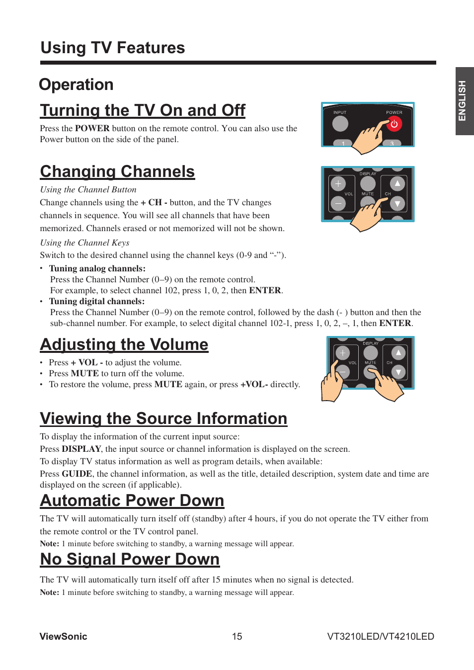 Using tv features, Operation turning the tv on and off, Changing channels | Adjusting the volume, Viewing the source information, Automatic power down, No signal power down | VIEWSONIC VS13772-1M User Manual | Page 27 / 47