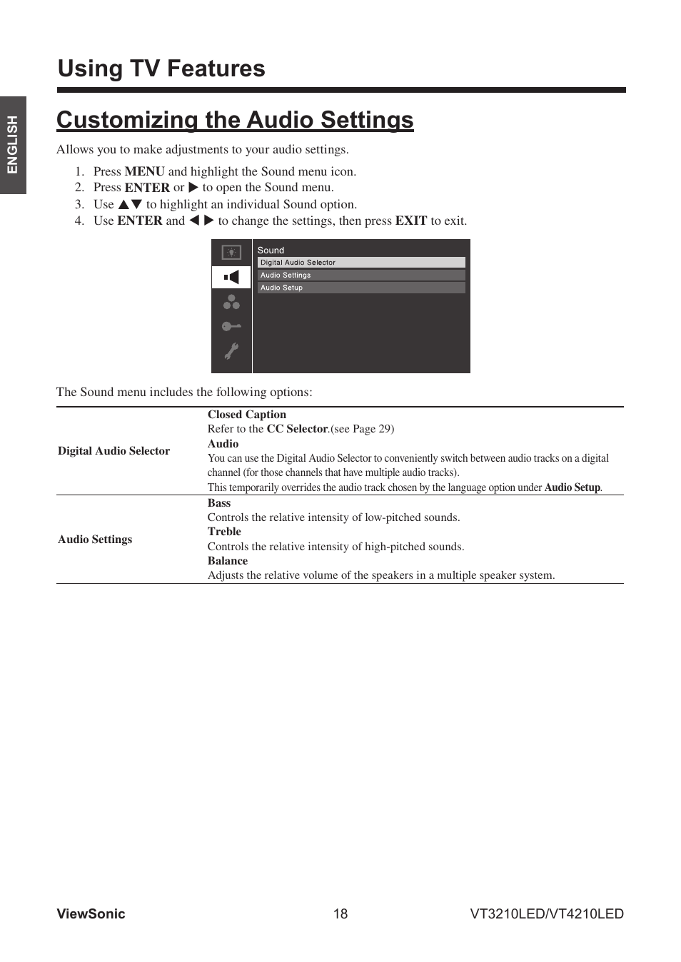 Using tv features, Customizing the audio settings | VIEWSONIC VS13772-1M User Manual | Page 30 / 47