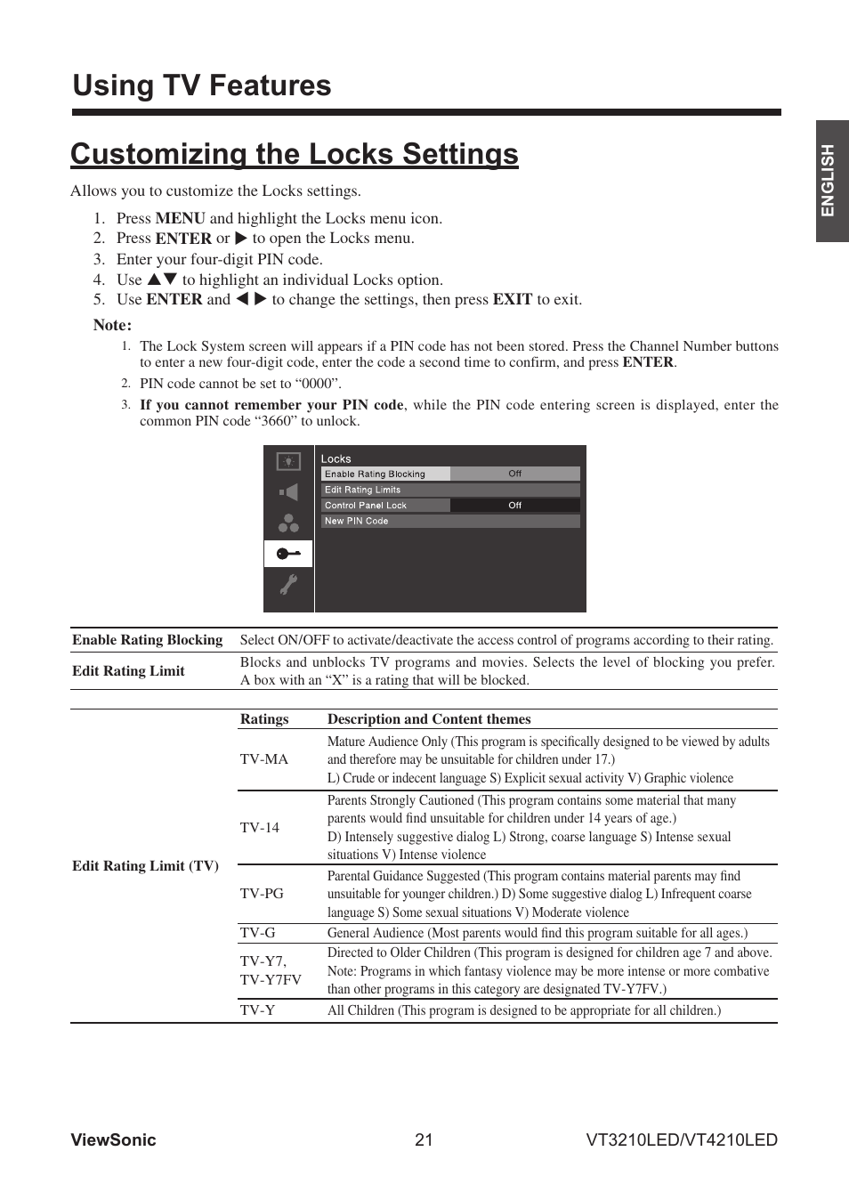 Using tv features, Customizing the locks settings | VIEWSONIC VS13772-1M User Manual | Page 33 / 47