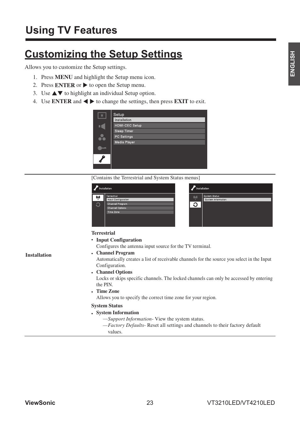 Using tv features, Customizing the setup settings | VIEWSONIC VS13772-1M User Manual | Page 35 / 47