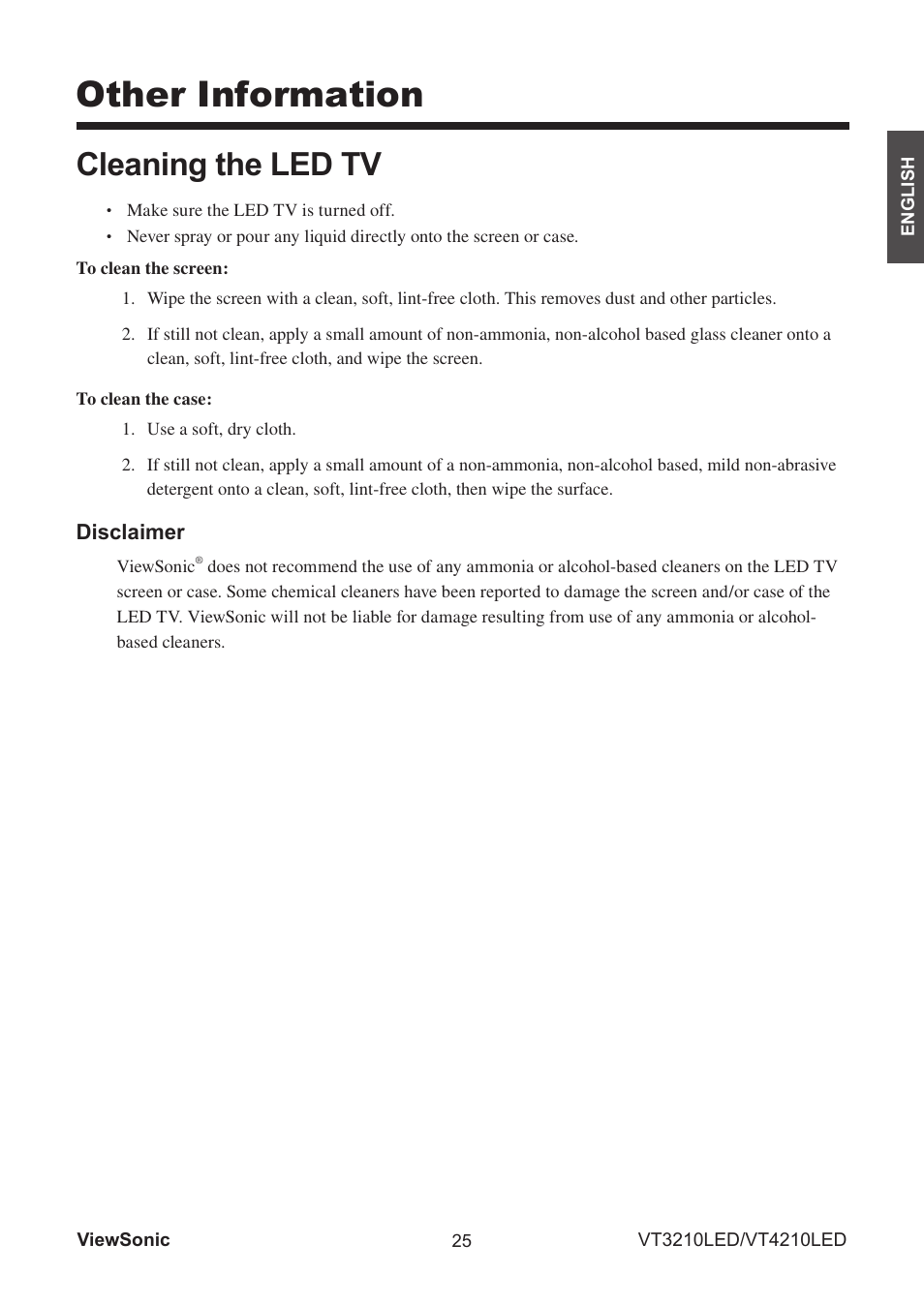 Other information, Cleaning the led tv | VIEWSONIC VS13772-1M User Manual | Page 37 / 47