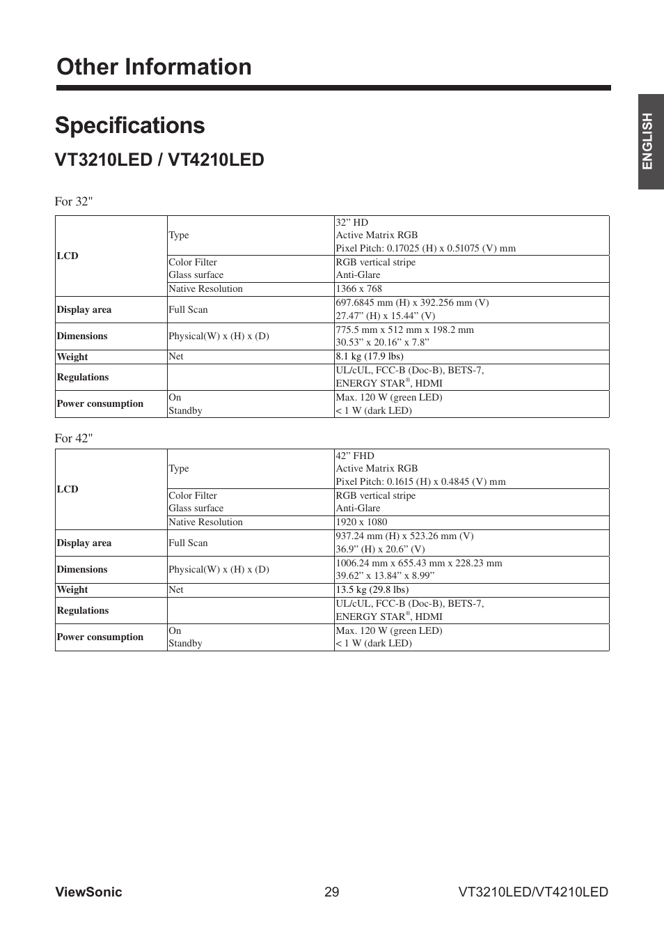 Other information, Specifications | VIEWSONIC VS13772-1M User Manual | Page 41 / 47