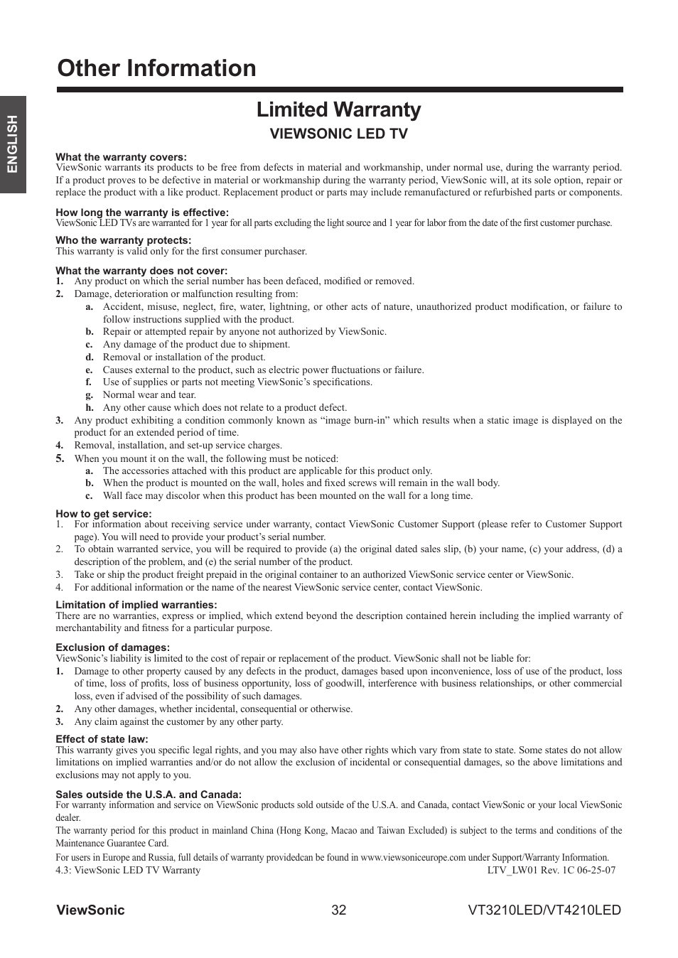 Other information, Limited warranty, Viewsonic led tv | VIEWSONIC VS13772-1M User Manual | Page 44 / 47
