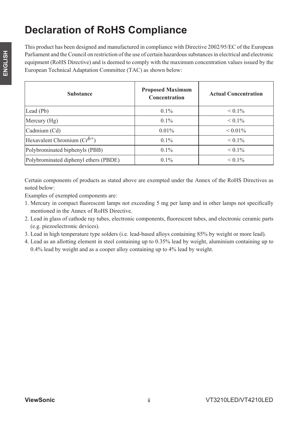 Declaration of rohs compliance | VIEWSONIC VS13772-1M User Manual | Page 5 / 47