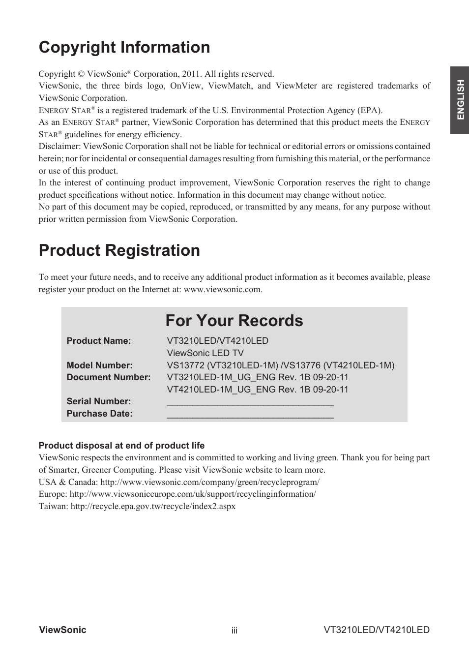 Copyright information, Product registration, For your records | VIEWSONIC VS13772-1M User Manual | Page 6 / 47