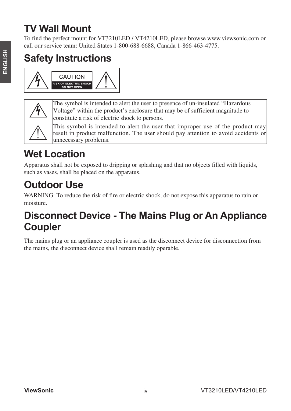 Tv wall mount, Safety instructions, Wet location | Outdoor use | VIEWSONIC VS13772-1M User Manual | Page 7 / 47