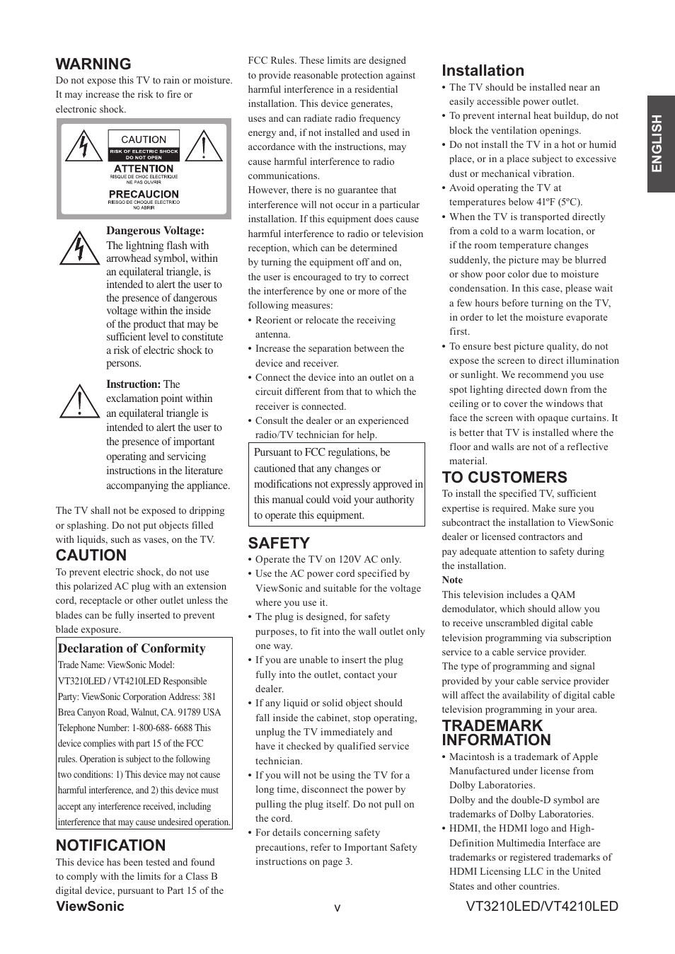 Warning, Caution, Notification | Safety, Installation, Trademark information | VIEWSONIC VS13772-1M User Manual | Page 8 / 47