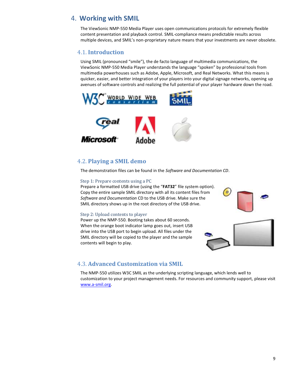 Working with smil, Introduction, Playing a smil demo | Advanced customization via smil | VIEWSONIC NMP-550 User Manual | Page 11 / 18