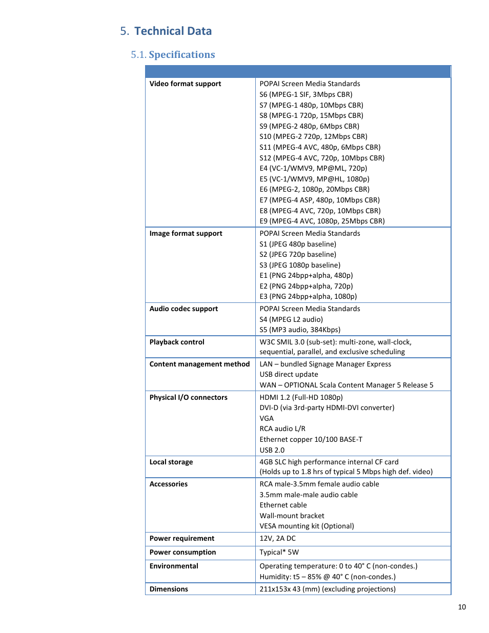 Technical data, Specifications | VIEWSONIC NMP-550 User Manual | Page 12 / 18