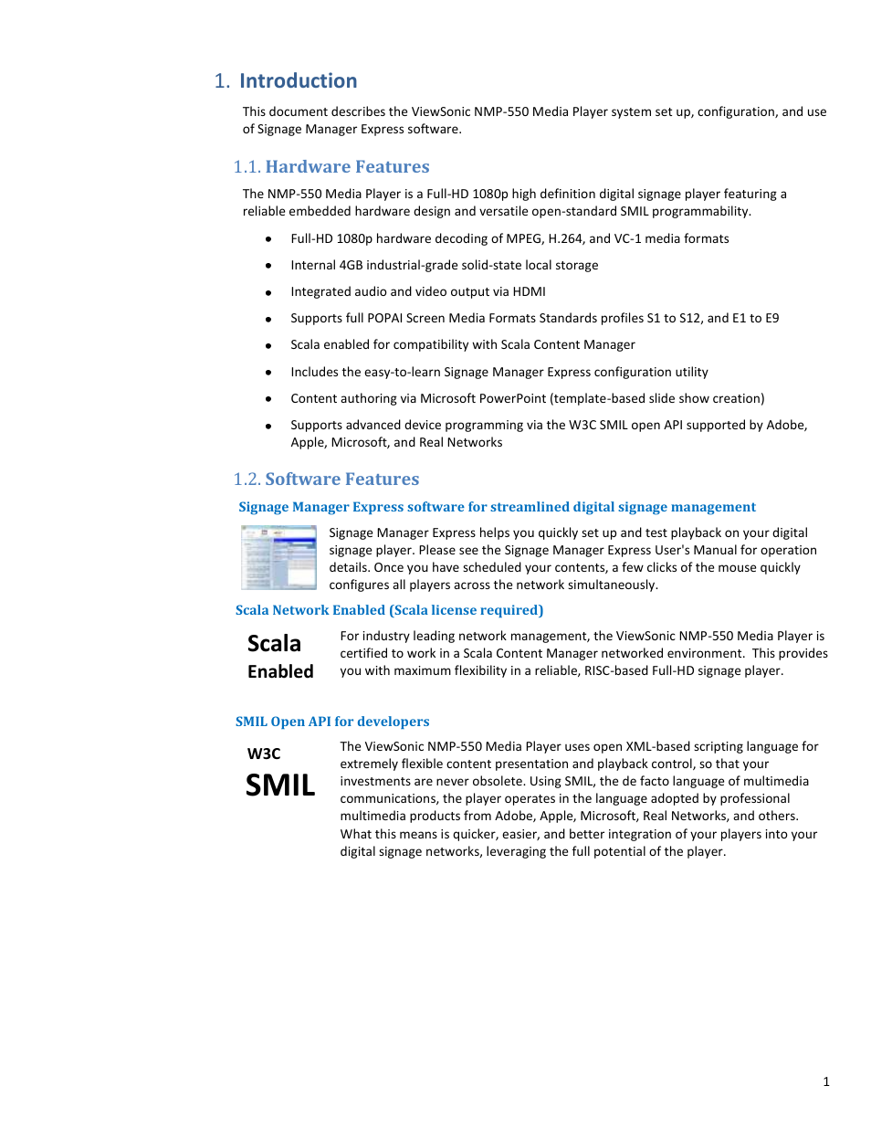 Introduction, Hardware features, Software features | Scala network enabled (scala license required), Smil open api for developers, Smil, Scala, Enabled | VIEWSONIC NMP-550 User Manual | Page 3 / 18