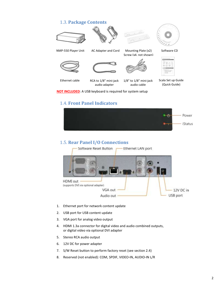 Package contents, Front panel indicators, Rear panel i/o connections | VIEWSONIC NMP-550 User Manual | Page 4 / 18