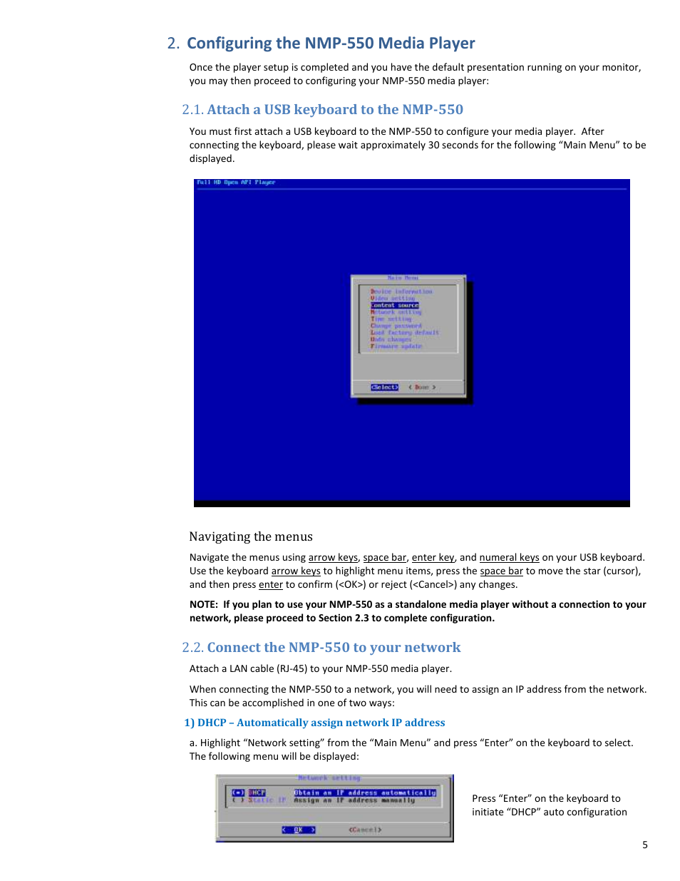 Configuring the nmp-550 media player, Attach a usb keyboard to the nmp-550, Connect the nmp-550 to your network | 1) dhcp – automatically assign network ip address | VIEWSONIC NMP-550 User Manual | Page 7 / 18