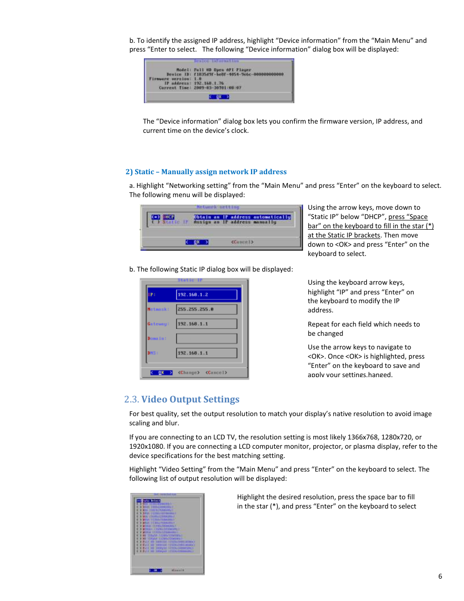 2) static – manually assign network ip address, Video output settings | VIEWSONIC NMP-550 User Manual | Page 8 / 18