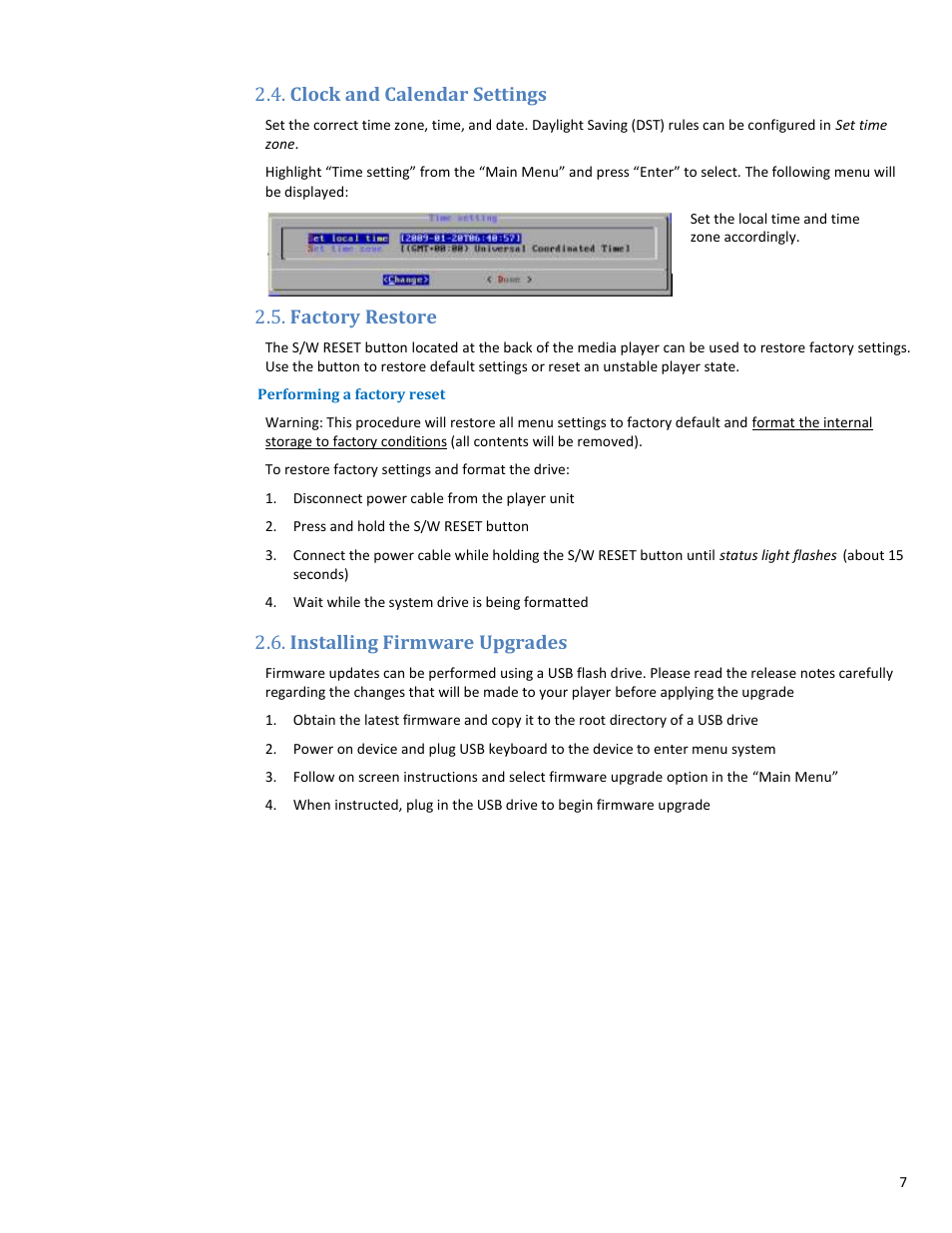 Clock and calendar settings, Factory restore, Performing a factory reset | Installing firmware upgrades | VIEWSONIC NMP-550 User Manual | Page 9 / 18