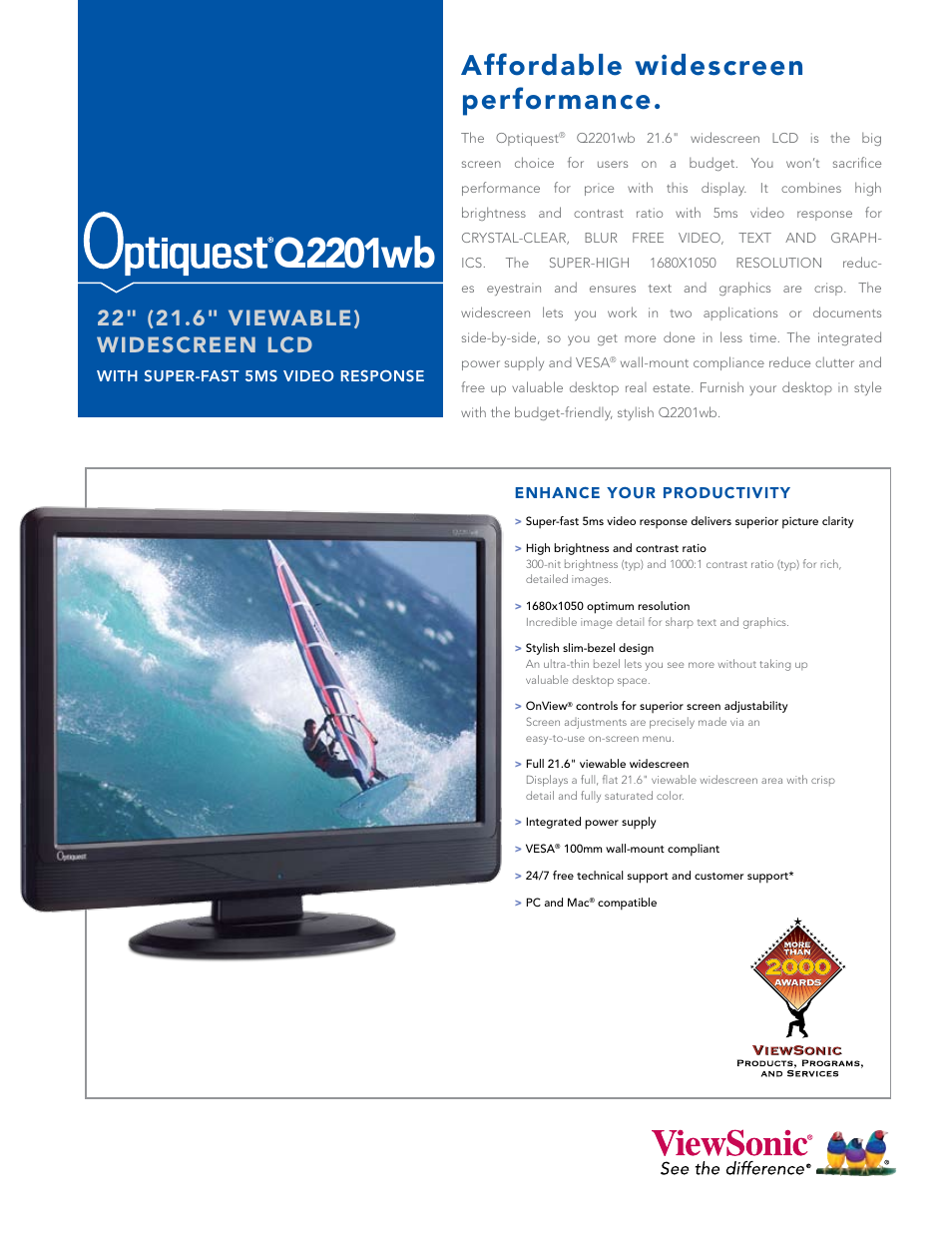 VIEWSONIC Optiquest Q2201WB User Manual | 2 pages