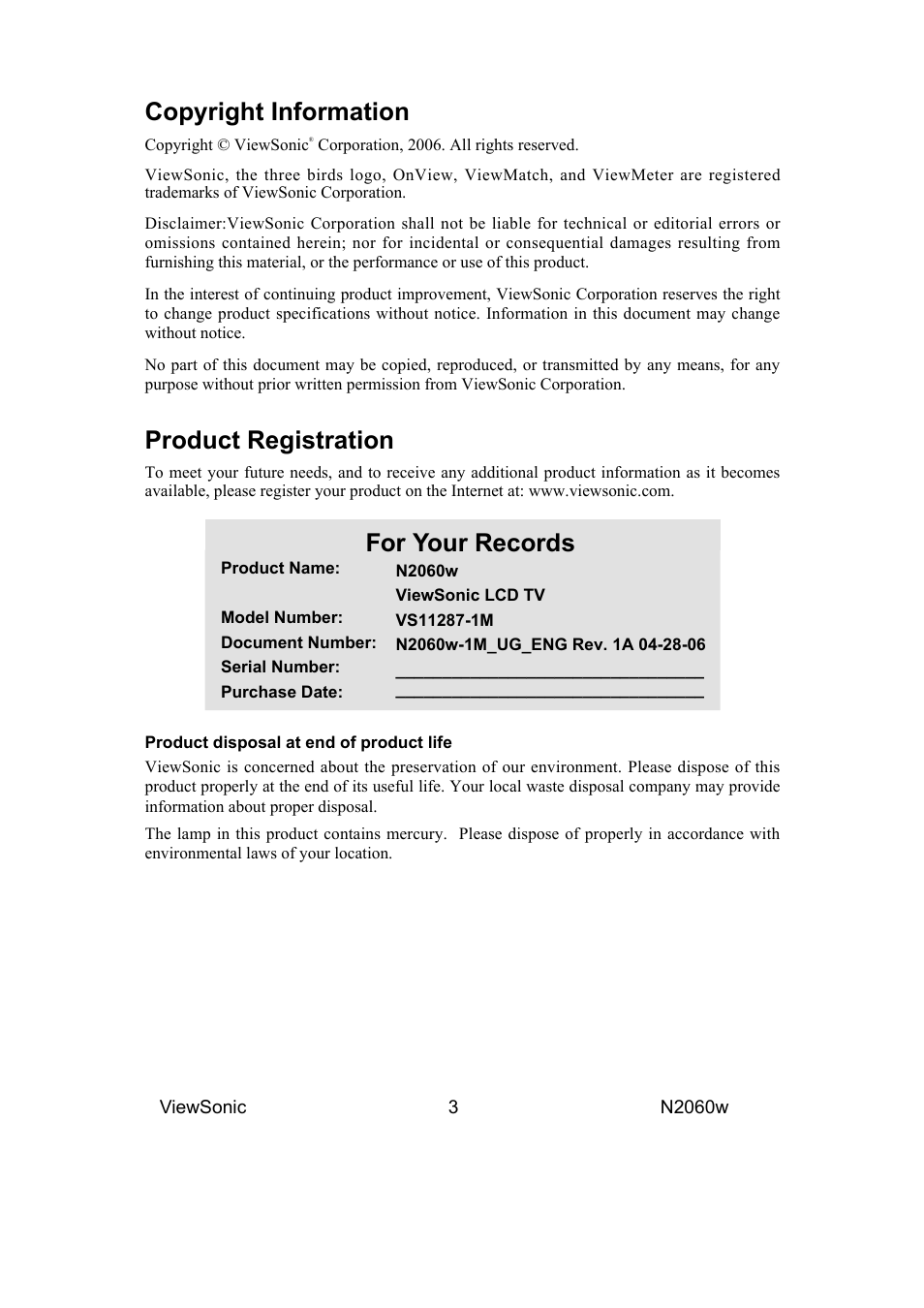Copyright information, Product registration, For your records | VIEWSONIC VS11287-1M User Manual | Page 5 / 27
