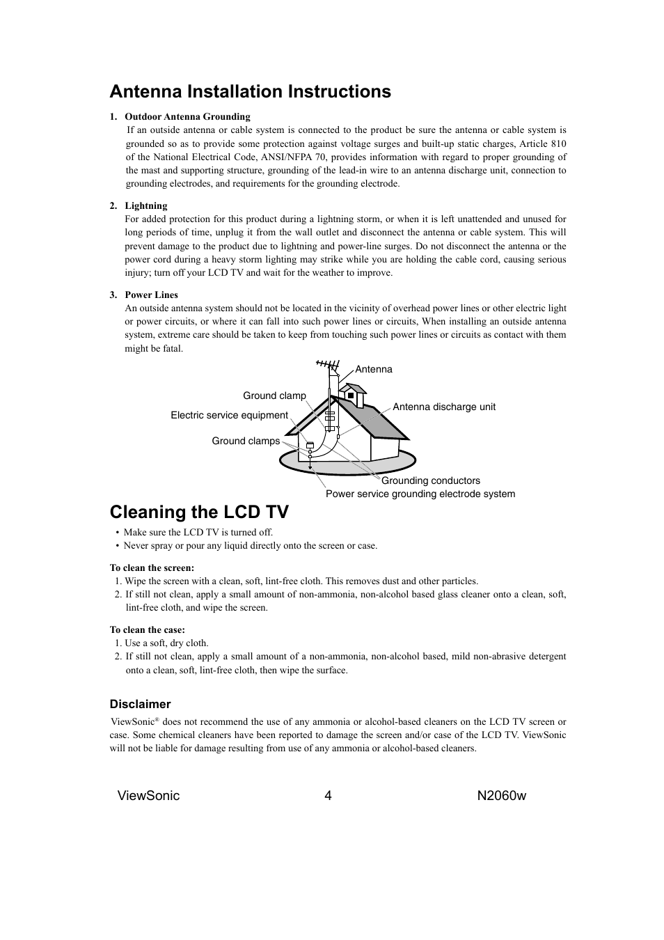 Antenna installation instructions, Cleaning the lcd tv | VIEWSONIC VS11287-1M User Manual | Page 6 / 27