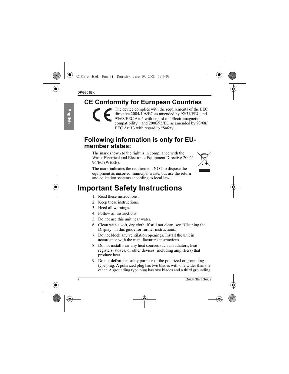 Important safety instructions, Ce conformity for european countries | VIEWSONIC VS12242 User Manual | Page 3 / 18