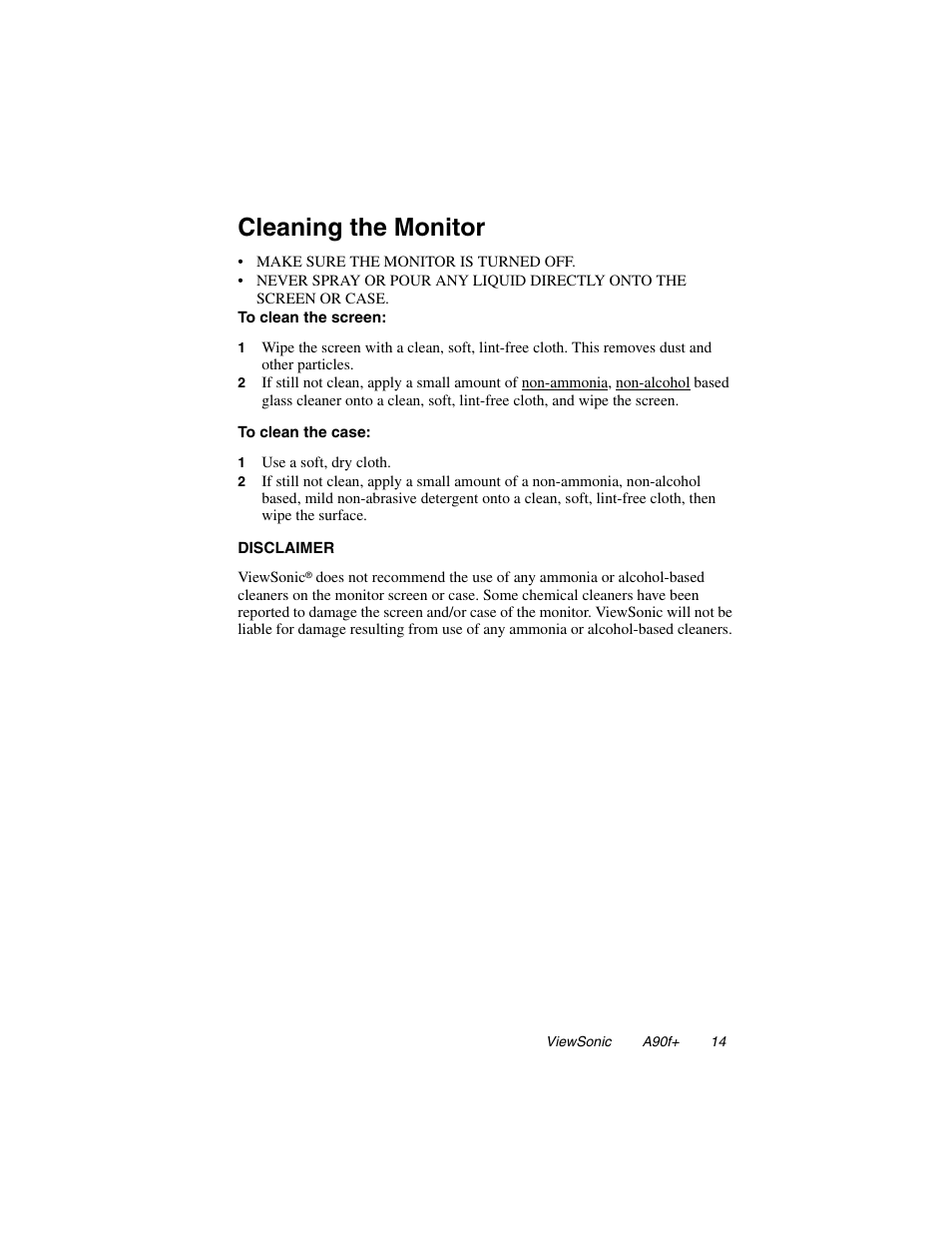 Cleaning the monitor | VIEWSONIC A90F+ User Manual | Page 15 / 19