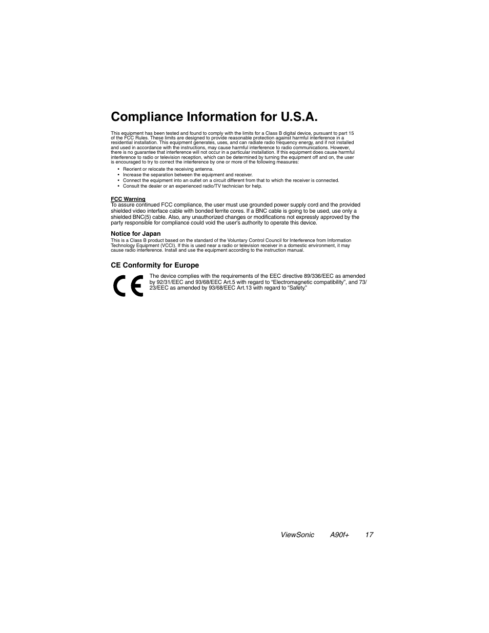 Compliance information for u.s.a | VIEWSONIC A90F+ User Manual | Page 18 / 19