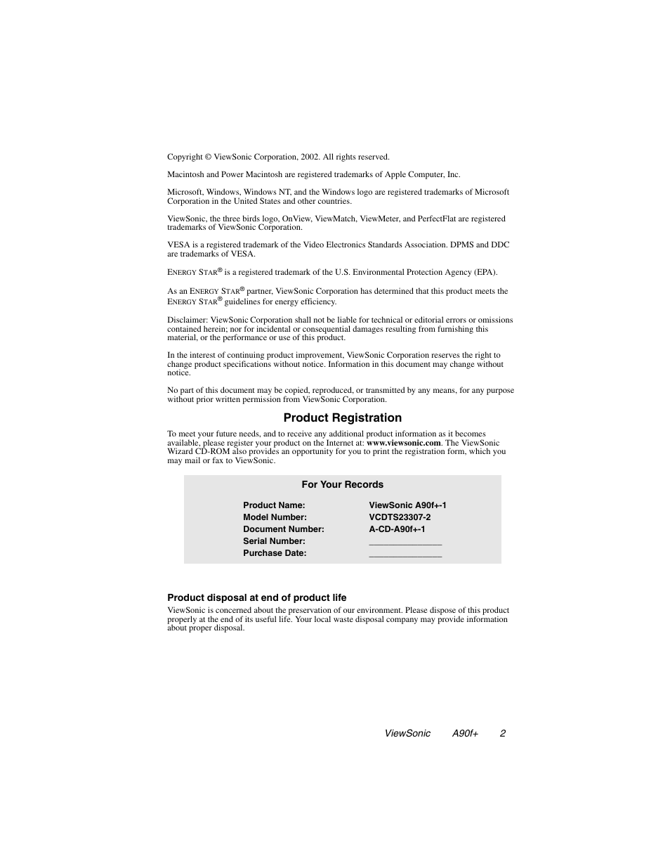Product registration for your records, Product registration | VIEWSONIC A90F+ User Manual | Page 3 / 19