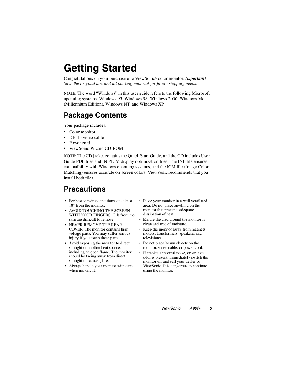 Getting started, Package contents precautions, Package contents | Precautions | VIEWSONIC A90F+ User Manual | Page 4 / 19