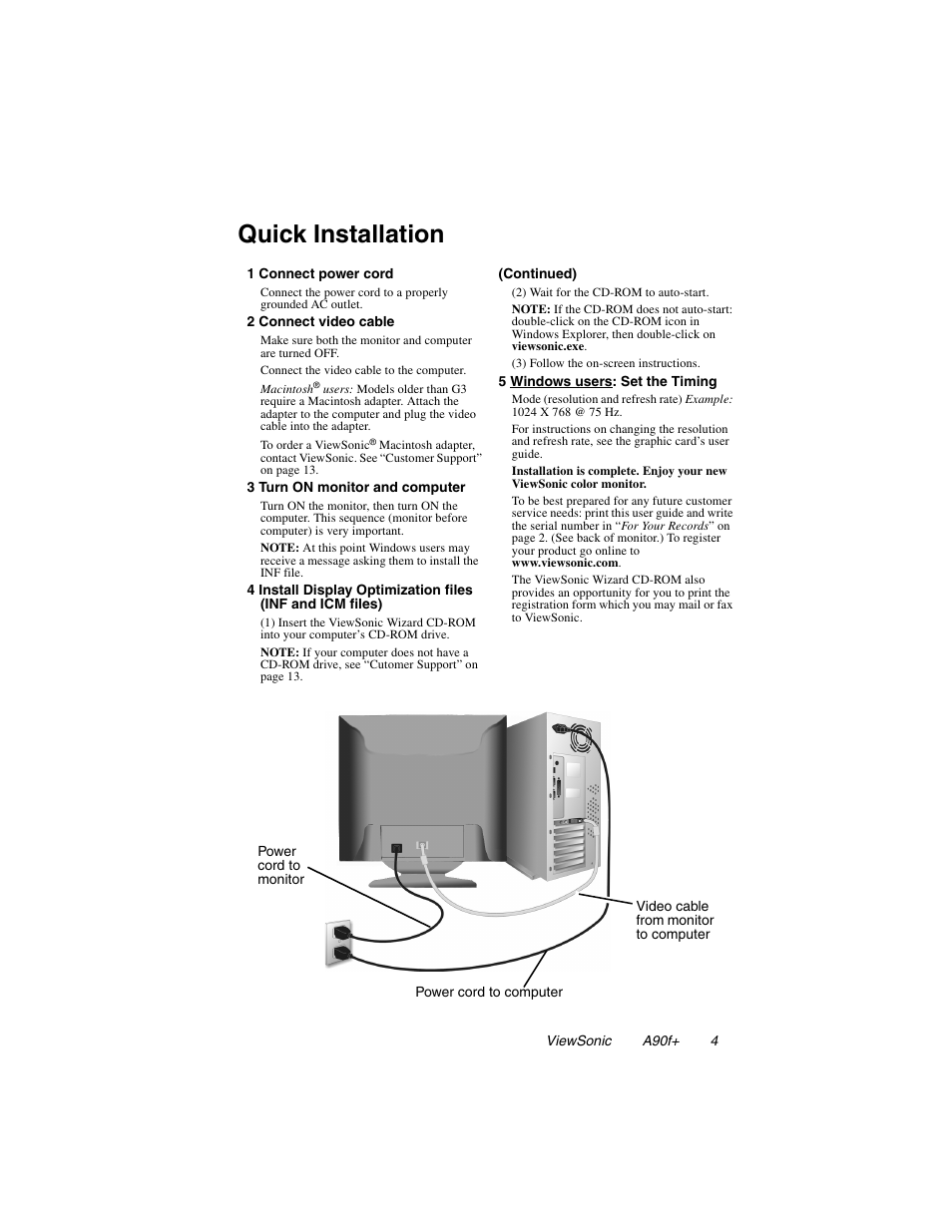 Quick installation | VIEWSONIC A90F+ User Manual | Page 5 / 19