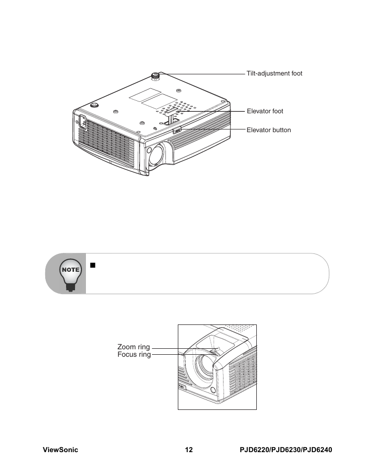 Adjusting the projector, Adjusting the projector height, Adjusting the projector zoom and focus | Adjust the image by sliding the zoom ring | VIEWSONIC PJD6240 User Manual | Page 19 / 54