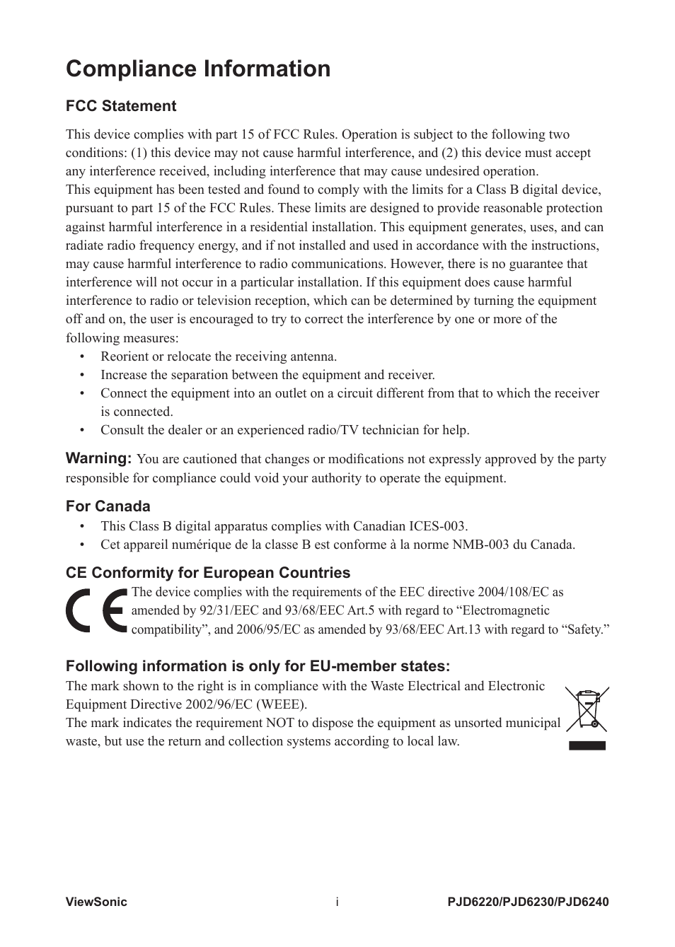 Compliance information | VIEWSONIC PJD6240 User Manual | Page 2 / 54