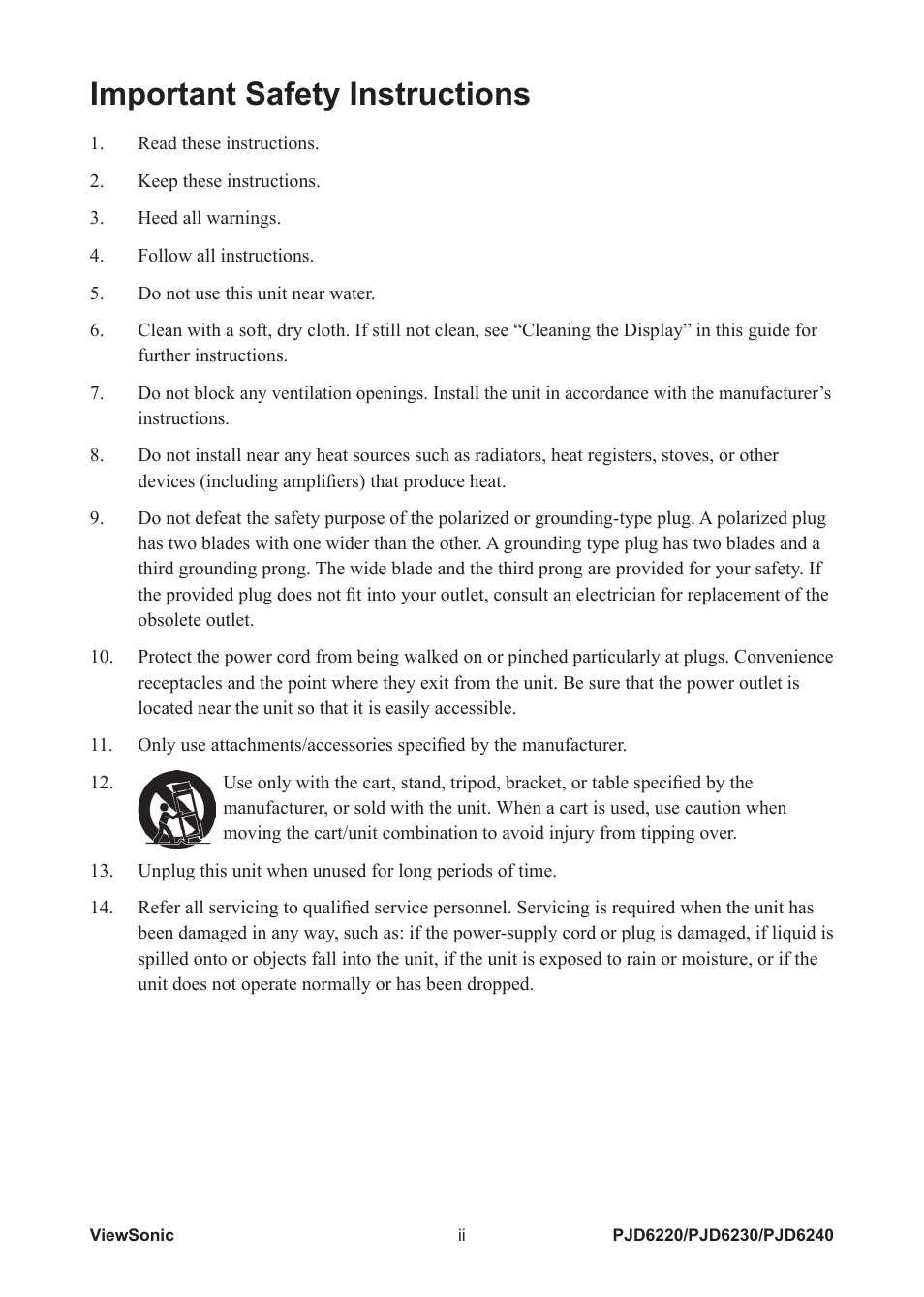 Important safety instructions | VIEWSONIC PJD6240 User Manual | Page 3 / 54