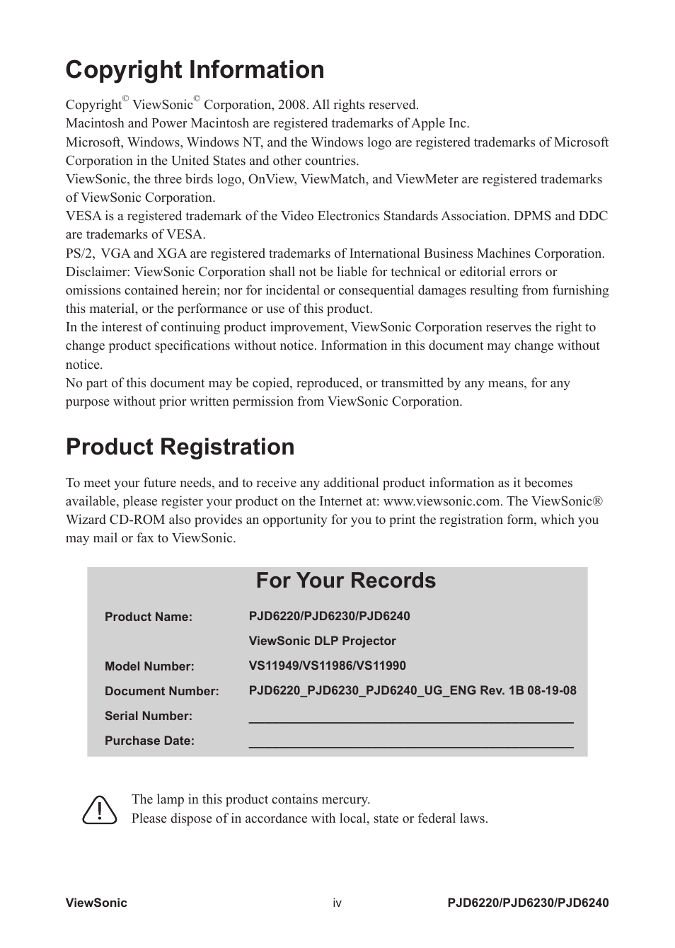 Copyright information, Product registration, For your records | VIEWSONIC PJD6240 User Manual | Page 5 / 54