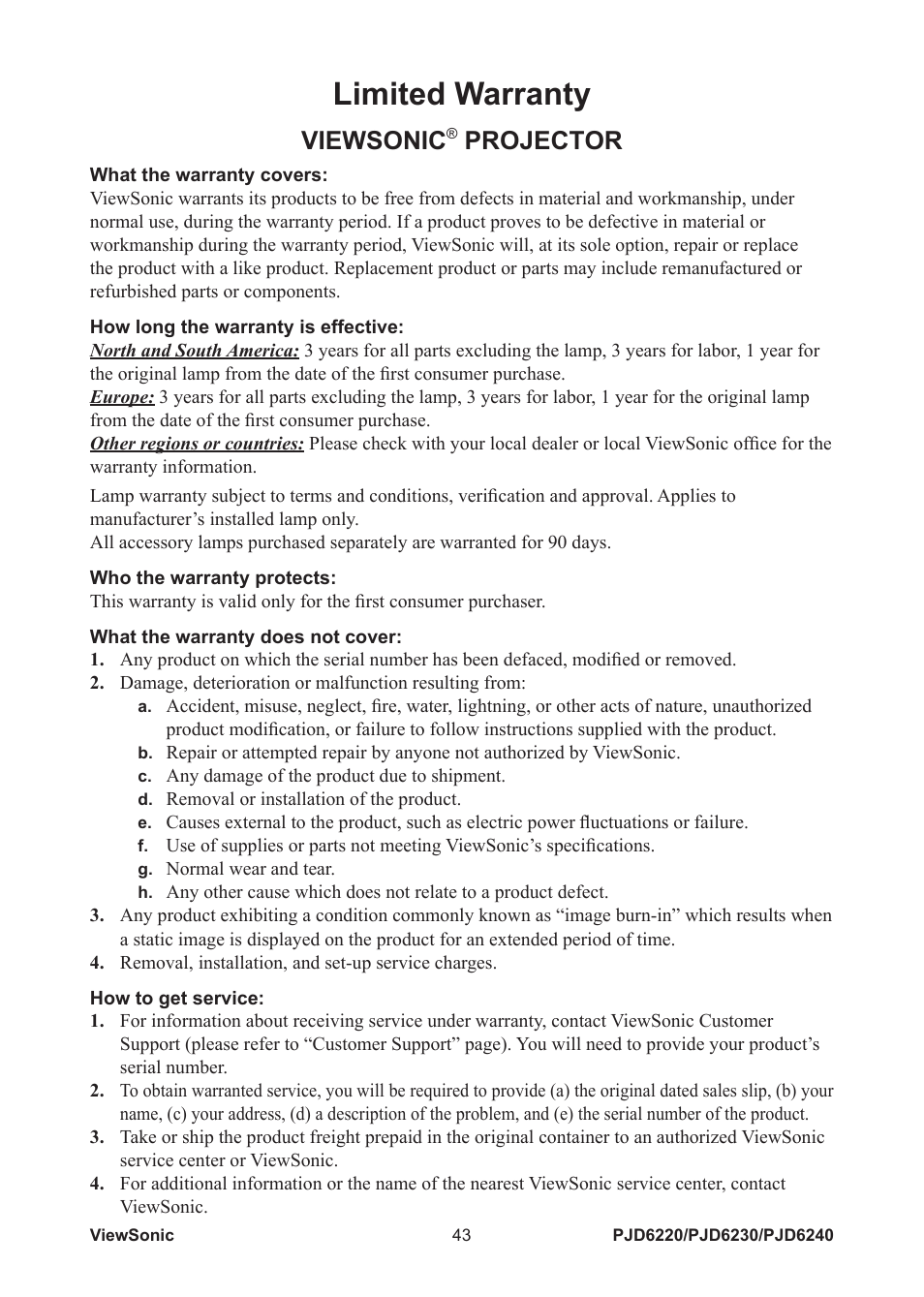 Limited warranty, Viewsonic, Projector | VIEWSONIC PJD6240 User Manual | Page 50 / 54