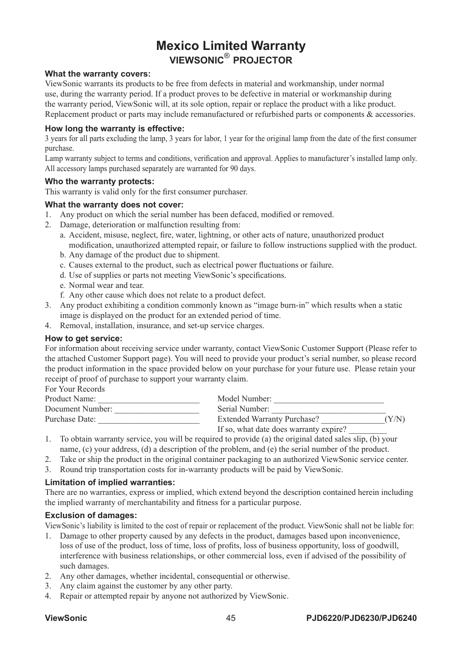Mexico limited warranty | VIEWSONIC PJD6240 User Manual | Page 52 / 54
