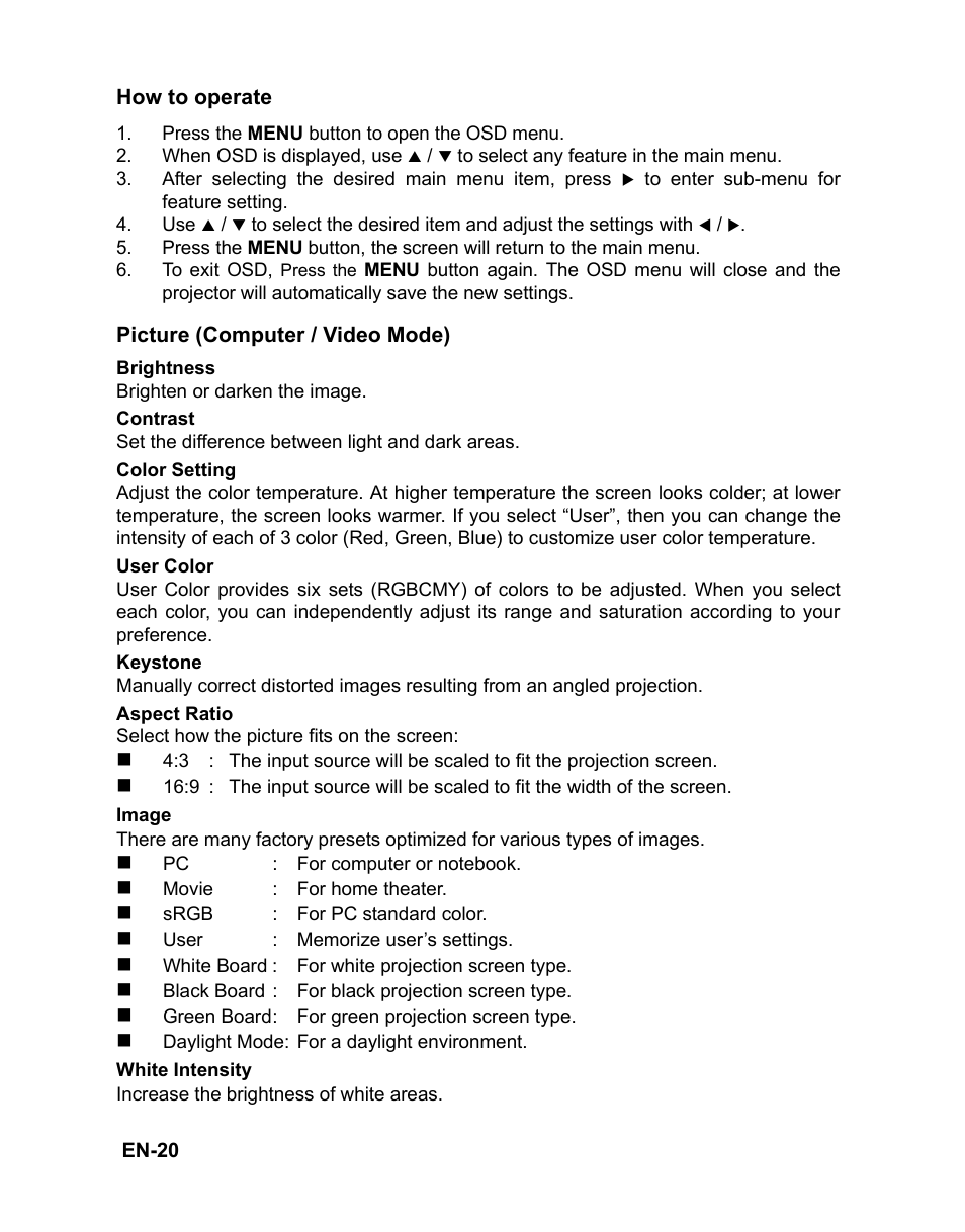 Press the menu button to open the osd menu | VIEWSONIC PJD5112 User Manual | Page 23 / 43
